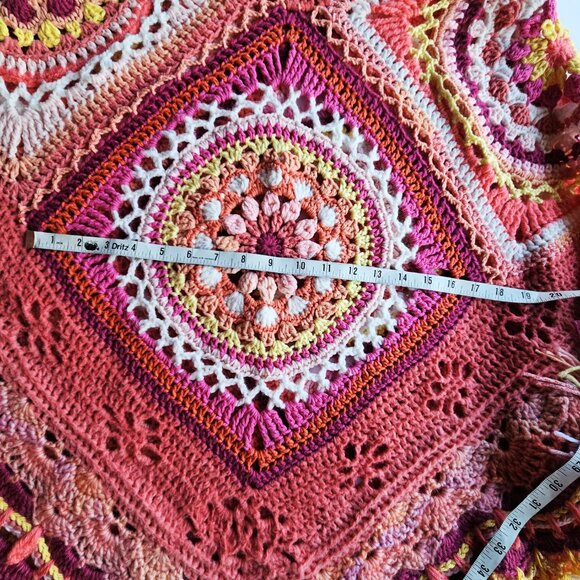 Handmade Crochet Boho Poncho in Orange, Pink, Yellow - Picture 9 of 13